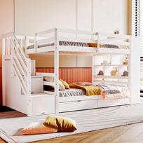 Bunk Bed 90*200 cm, Storage Drawers and Large Lockers, High Fence Construction, Slatted Frame, Pine Bed, Children's Bed, Youth Bed, White 278 x 95 x 139.5 cm balta
