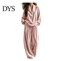 Velvet Wide Leg Trousers Women Top Pants Set for Fall Winter, Casual Lapel Collar & with Pockets, Loose Two Piece Lounge L rožinė