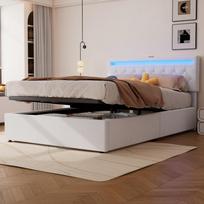 140*200 cm Low Bed, Upholstered Bed, Ambient Light on the Bed, Bed Can Be Raised and Lowered, USB and Type-C Socket, Large Storage Space, White 210 x 153 x 97.5 cm balta