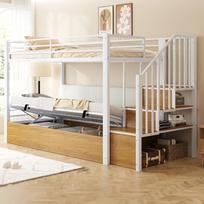 Iron Bunk Bed 90 x 200 cm, Soft Padded Backrest made of PU, Hydraulic Function, Safety Ladder, High Protective Railing Construction, Youth Bed, White 253.2 x 98.5 x 146.7 cm balta