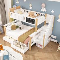 Children's Bunk Bed, Double, Multifunctional Bed, with Blackboard and Drawers, without Mattress, White+Light Oak, 90*200+140*200[OLD SKU:N634W0007N]