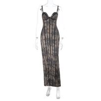 Wind new sexy Spice Girl V-neck temperament outstanding lace contrasting color long dress XS gray