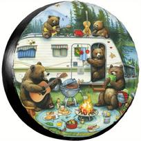 1pc Spring Camping Bears Spare Tire Cover RV, SUV, Truck, Trailer Wheel Protector with Bears Cooking, Guitar Player 14inch gray