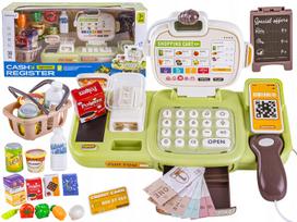 Žaislinė kasos aparatas su mikrofonu, svarstyklėmis ir prekių krepšeliu, 30 priedų