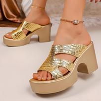 Women's  Gold Croc Embossed Platform Sandals  Summer Cut Out Chunky Heels Sandals Woman  43 Mule Slippers 43 beige
