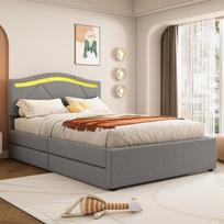 Upholstered Bed, 90x200cm, Bed with Slatted Frame (without Mattress), with LED Lights, with Two Drawers, Adjustable Headboard, Linen, Minimalist, Grey 209 x 104 x 108.5 cm pilka