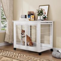 Furniture-Style Dog Crate, Wooden Kennel Table with Double Door, Indoor Dog House with Fold-Up Roof, Casters for Easy Mobility, White, 80*56*69.5cm 80 x 56 x 69.5 cm balta