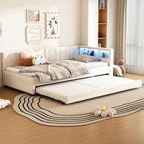 Daybed, 90x200cm, Sofa Bed, Storage Compartment, USB+Type C, with LED Light Strip, Pull-Out Bed, Slatted Frame (without Mattress), Linen, Beige 210 x 94.5 x 71 cm smėlis