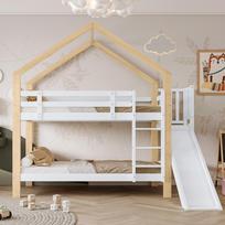 Bunk Bed with Slide and Three-Step Angled Climbing Ladder, House Bed with Fall Protection, Solid Wood Bed Frame, White+Natural, 90x200cm 245 x 164 x 223 cm balta
