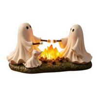 LED Light Up Bonfire Statue Ghost Roasted Marshmallows Ornament, Durable Resin Cute Halloween Desktop Ornament for Fireplace Craft, Decorative A beige