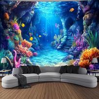 2D Deep Sea World Tapestry, Blue Ocean Cave Coral Wall Hanging for Home Decor 47.2x31.5inch/120*80cm blue