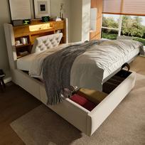 Upholstered Bed 90x200cm, Hydraulic Box & LED Lighting, USB/Type-C Charging, Headboard with Shelf & Storage, Linen Fabric, Beige (Without Mattress) 223 x 98 x 115 cm smėlis