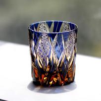 Gold-Plated Edo Kiriko Whiskey Crystal Glass Cup with Multicolor Engraving blue