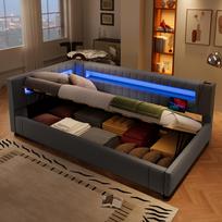 (=WX001039AAE)Daybed, Sofa Bed, 90*200cm, LED Light Strip at the End of the Bed, Hydraulic Storage, Without Mattress, USB + TYPE-C, Linen, Grey 212 x 98.5 x 73 cm pilka