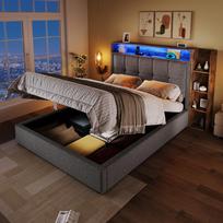 Upholstered Bed, 90x200 cm, With USB Type-C Charging, Without Mattress, Multifunctional Storage, LED Lighting, Push-Button/App Control, Linen, Gray 215 x 109.5 x 105 cm pilka
