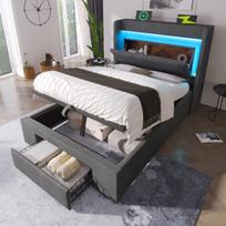 Upholstered Bed 90x200 cm with Hydraulic Storage, Headboard Compartment, LED Lighting, USB & USB-C Port, Slat Frame, Grey, Linen, without Mattress 219 x 101 x 111 cm pilka