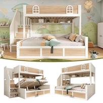 Bunk Bed 90x200 and 140x200 cm, Wood, Hydraulic Storage, Stair Cabinet, Slatted Frames, Fall Protection, White Natural, without Mattress 253 x 145 x 155 cm