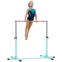 Children's gymnastics bar, adjustable height with 13 levels from 92-150 cm, made of steel and beech wood, cyan