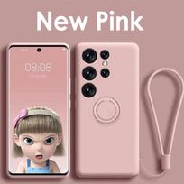 Liquid Silicone Phone Case For Samsung Galaxy S24 S23 FE S21 S20 S22 Plus Note 20 Ultra Cover with Magnetic Ring Holder Strap For Samsung S21 rožinė