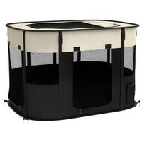 Foldable playpen for dog cat small animals in Oxford fabric with storage 94 x 74 x 60 cm cream white and black 94 x 74 x 60 cm