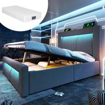 Single bed 90x200 cm, storage space, hydraulic bed, LED lighting, app control, USB & Type-C ports, velvet, headboard, curved design, grey, mattress 217 x 93 x 107 cm pilka