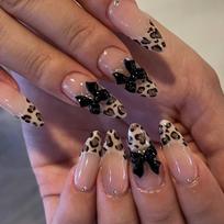 24Pcs Leopard French Tip Press On Nails Euro Square Medium Length Fake Nails Gift for Women brown
