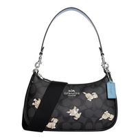 COACH Teri 24 classic presbyopic zipper logo animal puppy print cowhide armpit bag hand crossbody shoulder bag medium size women's black juoda