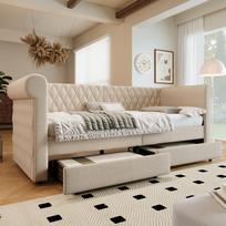 Vintage Headboard Upholstered Sofa Bed 90x200 cm, Daybed with 2 Storage Drawers, Bed Frame with Slatted Frame, Wood, Linen, Beige (Without Mattress) 222 x 99 x 72 cm smėlis