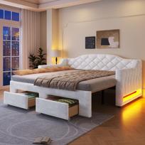 Upholstered Daybed (90x200 to 180x200 cm) with Two Drawers and LED Lighting, White 213 x 97.5 x 86 cm balta