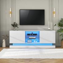 White matte TV stand - 1.6 meter length, adjustable glass shelf, 70 inch space, stylish storage with silent hinges 160 x 38.5 x 60 cm balta