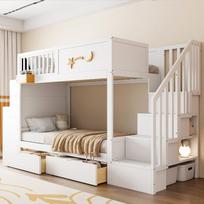Bunk Bed for Children with Storage Drawers, Safety Staircase, Desk and Star Motif - 90 x 200 cm Solid Wood Frame Made of Pine Wood, White 252.5 x 95.1 x 166 cm balta