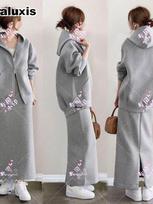 Outwear Women's Zip Hoodie Jacket Set + Skirt Casual Two Piece Outfit L chaki