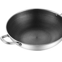Nerūdijančio plieno Wok keptuvė Dvisienė korėta 3 sluoksnių Nesikepinanti Lengvai valoma Wok keptuvė virtuvei 32cm/12.6in (Be dangtelio ir su rankenėlėmis) black