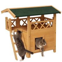 Cat House Outdoor w/ Balcony Stairs Roof, 77 x 50 x 73 cm, Natural Wood Finish 77 x 50 x 73 cm