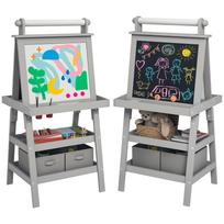 3 in 1 Kids Easel Double-Sided Magnetic Whiteboard and Chalkboard with Paper Roll, Storage Baskets - Grey 59 x 48 x 118 cm