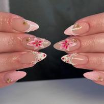 French Tip Press On Nail with Floral Design, Pink False Nail Set with 24Pieces for Quick Everyday Manicure Styling 1 black