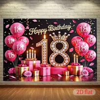 2D 18th Birthday Party Decoration Backdrop, Pink Gold Crown & Balloon Photo Background Banner 59x51.1inch/150*130cm black