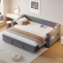 Upholstered bed sofa bed, 90/180*190 cm, smart Bluetooth stereo system, USB charging port, storage compartments, slatted frame, velvet fabric, grey 216 x 97 x 69 cm