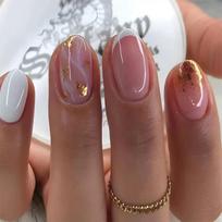 24Pcs Short Round French Press On Nails White Shimmer Powder Design Oval Detachable Full Cover False Nail Tips gray