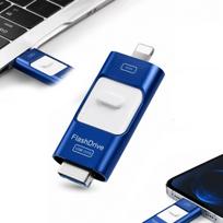 USB atmintinė 128GB, USB 3.0, Lightning, Type-C, mėlyna, su LED korpusu