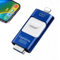 USB atmintinė 128GB, 4 jungtys: USB 3.0, USB-C, Micro USB, mėlyna su LED dėklu