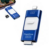 USB atmintinė 128GB, 4in1, USB 3.0, iPhone, Android, USB-C, Lightning, mėlyna