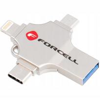 USB atmintinė Forcell 64GB, USB 3.2, Lightning, Micro-USB, USB-C, sidabrinė