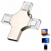 USB atmintinė 256GB, 4 jungtys: USB, USB-C, MicroUSB, Lightning, metalinė, sidabrinė