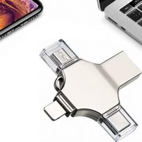 USB atmintinė 256GB, 4in1, USB-C, Micro USB, Lightning, OTG, sidabrinė