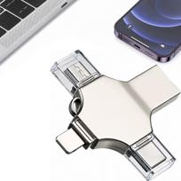 USB atmintinė 256GB, 4in1, USB-C, microUSB, Lightning, OTG, sidabrinė