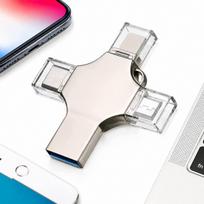 USB atmintinė 256GB, 4 jungtys: USB, Micro USB, Type-C, Lightning, sidabrinė