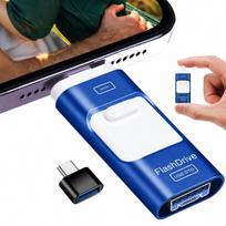USB atmintinė 128GB, 4 jungtys: USB-C, Lightning, Micro USB, LED lemputė, cinko korpusas