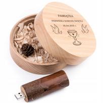 Medinė USB atmintinė 32GB 3.0 su apvalia dėžute ir graviru „Communion“