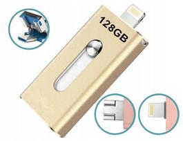 128GB USB 3.0 atmintukas, 3 jungtys: iPhone Lightning, Android Micro USB OTG, auksinis
